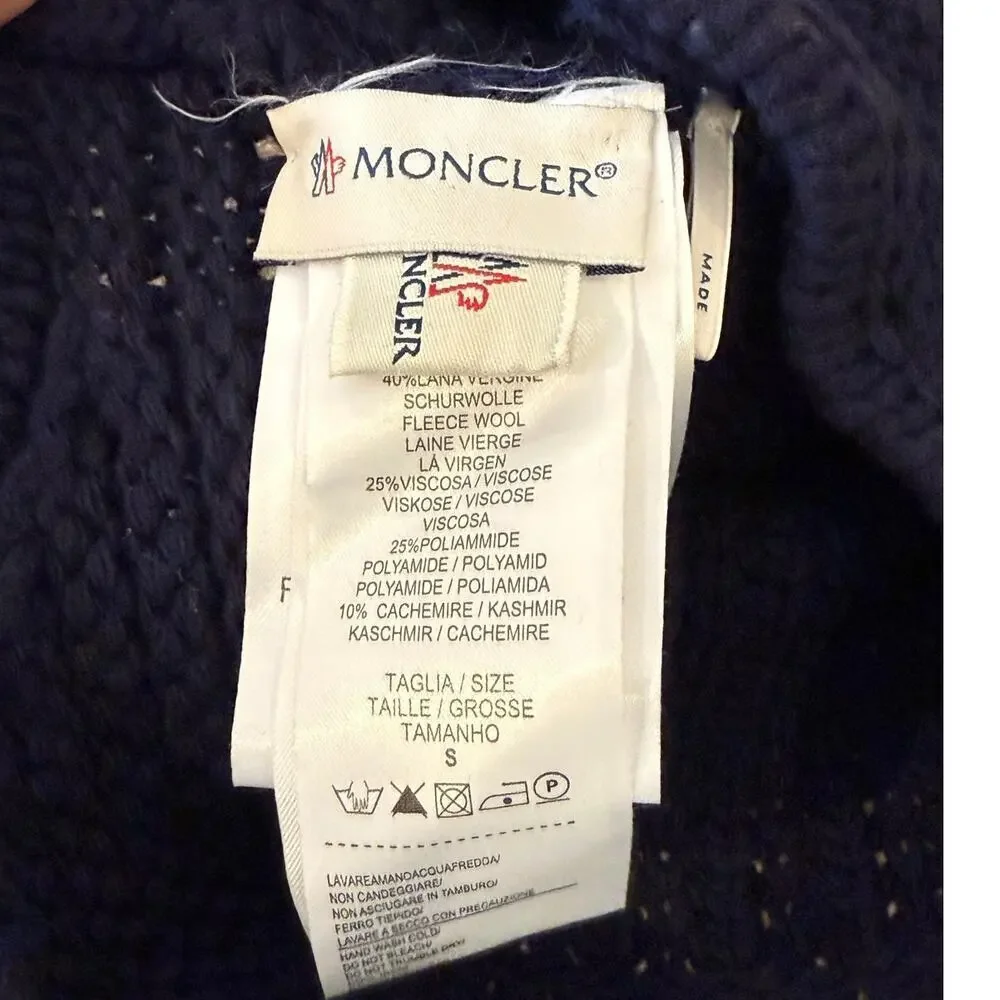 MONCLER Navy Knit Beanie Hat Cap Fur Pom Pom Youth Kids size Small S Ski Snow